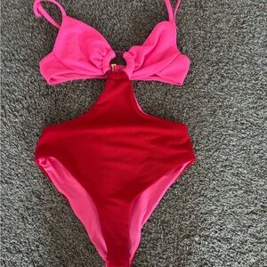 Pink and Red Cutout Swimsuit